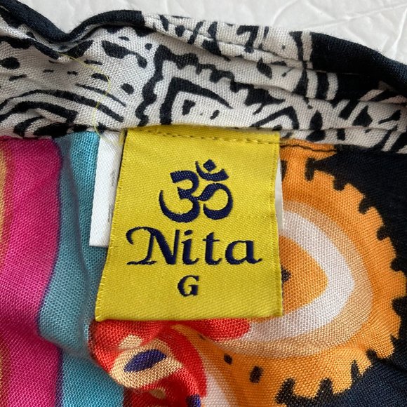 Nita Women's Tunic Dress Top Button Up 3/4 Sleeve Boho Black Multicolored XL/G - Picture 6 of 9